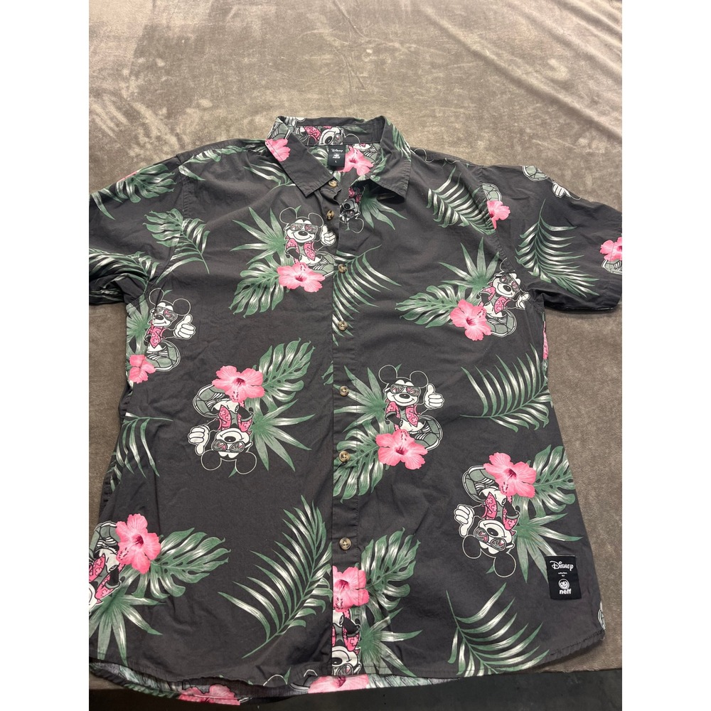 Disney by Neff Mens Mickey Mouse Tropical Hibiscus Aloha Button Down Shirt Large